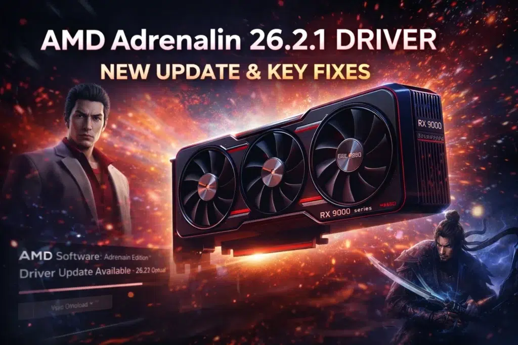 AMD Adrenalin 26.2.1 driver dark Radeon GPU silhouette with premium lighting and subtle glow