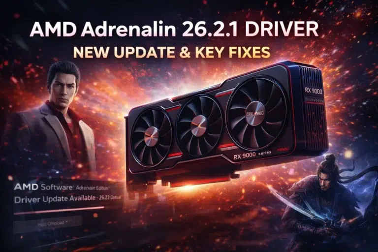 AMD Adrenalin 26.2.1 driver dark Radeon GPU silhouette with premium lighting and subtle glow