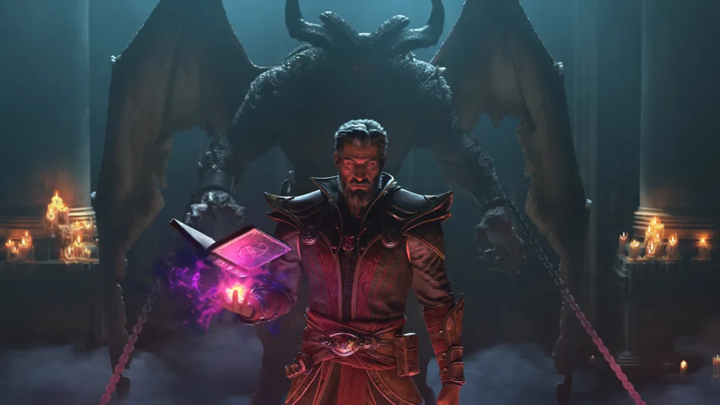 Diablo Warlock class concept art of a grim summoner holding a glowing grimoire as a chained winged demon looms behind in a candlelit hall
