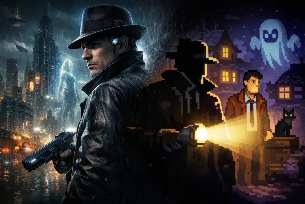 pic Games Store free games cinematic collage of noir detective in futuristic city and pixel-art detective silhouette, moody lighting, no text