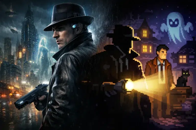pic Games Store free games cinematic collage of noir detective in futuristic city and pixel-art detective silhouette, moody lighting, no text