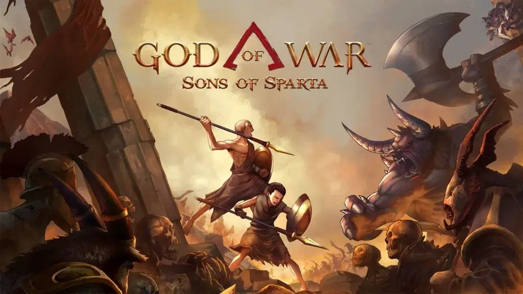 God of War Greek trilogy remake - God of War: Sons of Sparta key art showing Spartan warriors battling monsters in a cinematic scene