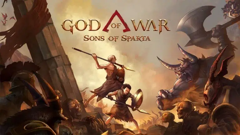 God of War Greek trilogy remake - God of War: Sons of Sparta key art showing Spartan warriors battling monsters in a cinematic scene
