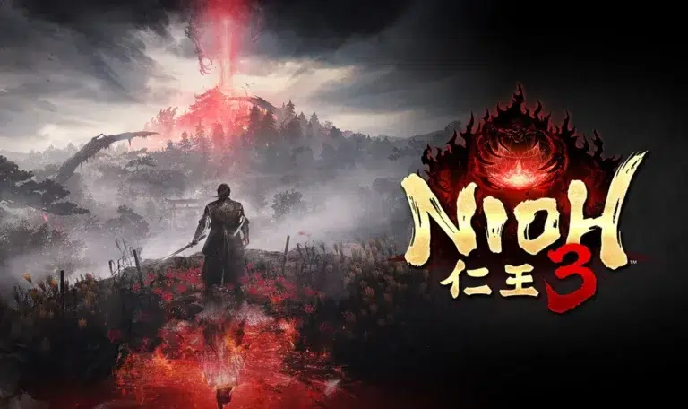 Nioh 3 review - samurai warrior in a misty battlefield with red energy glow and the Nioh 3 logo