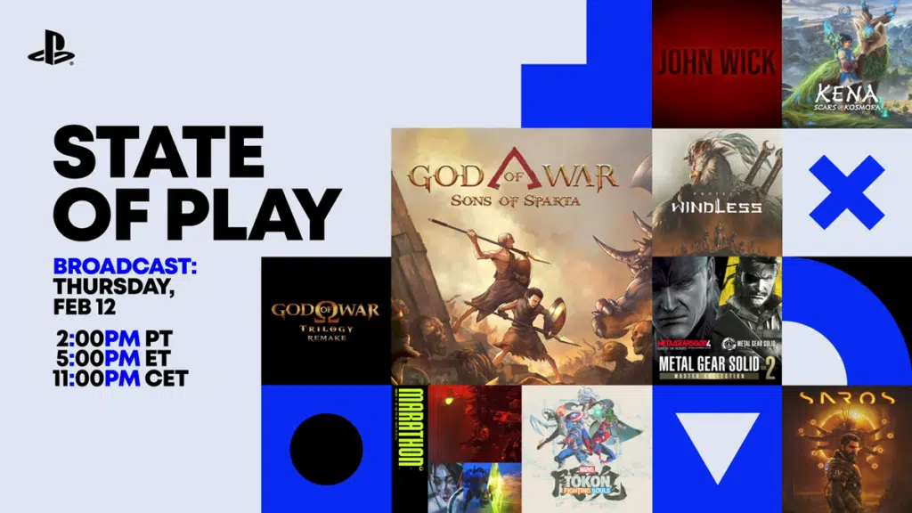 State of Play February 2026. Collage featuring God of War, Metal Gear Solid, Kena, and other announced games