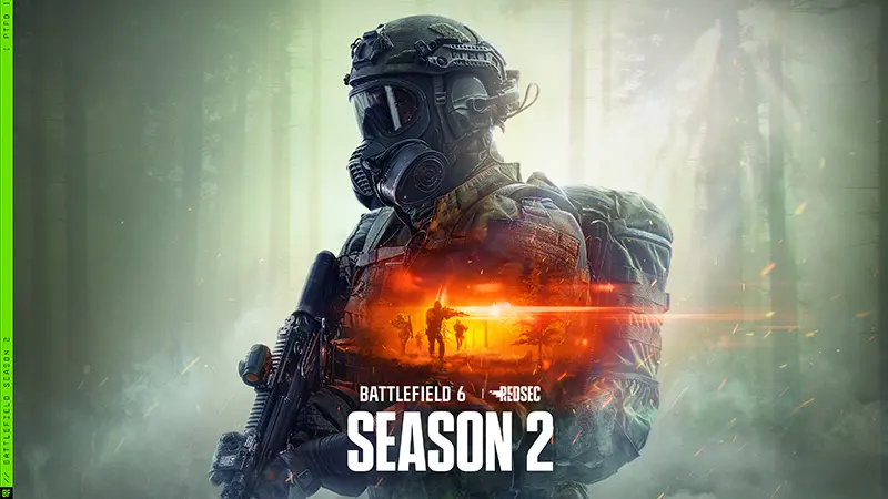 Battlefield 6 Season 2 REDSEC key art with a soldier in a gas mask