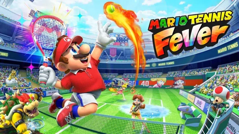 Mario Tennis Fever review cinematic tennis stadium with Mario universe silhouettes, dynamic lighting