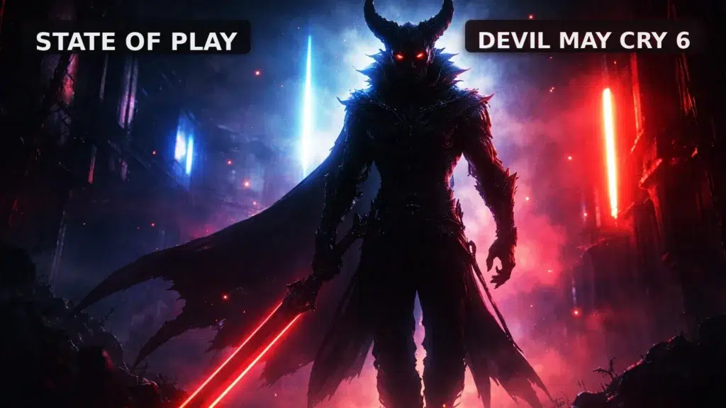 Devil May Cry 6 rumored reveal concept art with neon devil silhouette, cinematic lighting