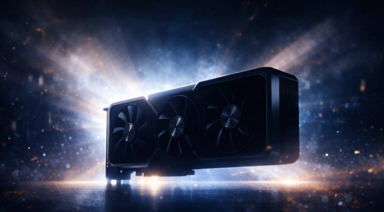 Nvidia gaming GPUs 2026 concept art showing a premium GPU silhouette with dramatic lighting