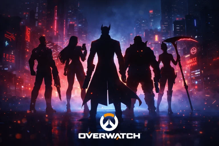 Overwatch Season 1 cinematic hero shooter artwork with neon city glow and squad silhouette