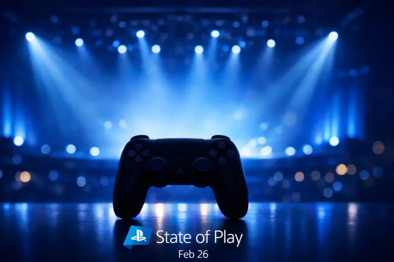 State of Play February 2026 showcase lighting with controller silhouette and stage glow