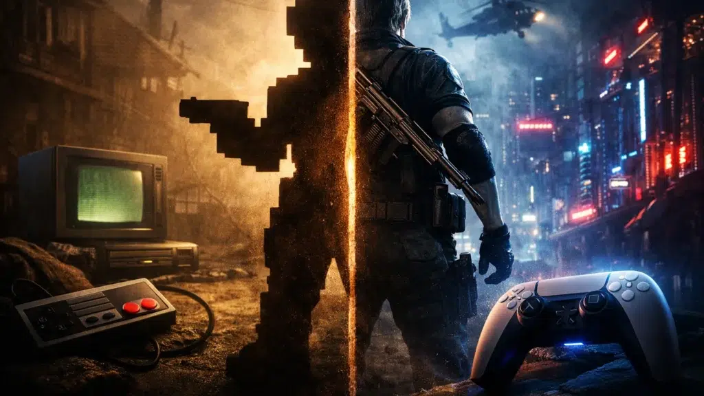 Video Game Remakes retro vs modern gaming split image with classic controller and modern controller, cinematic lighting, no text