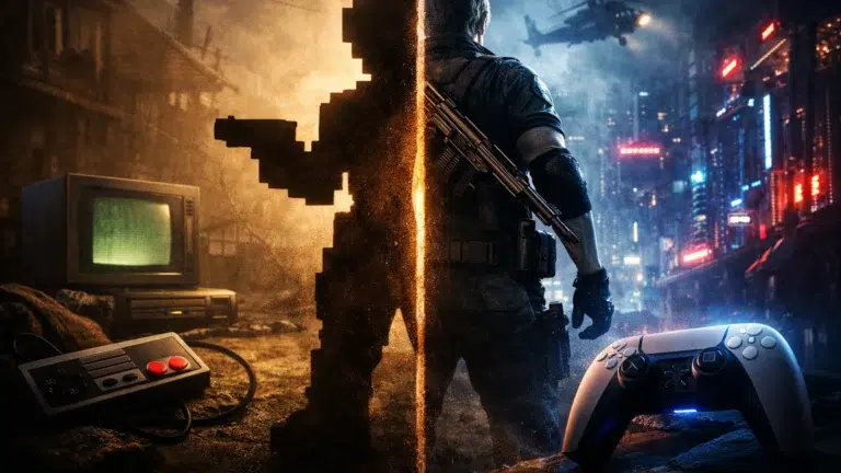 Video Game Remakes retro vs modern gaming split image with classic controller and modern controller, cinematic lighting, no text