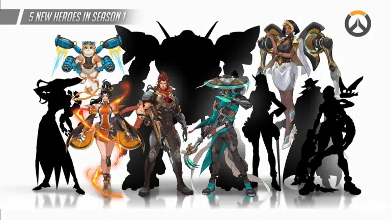 Overwatch best settings: Overwatch Season 1 artwork showing five new heroes and silhouettes with the Overwatch logo